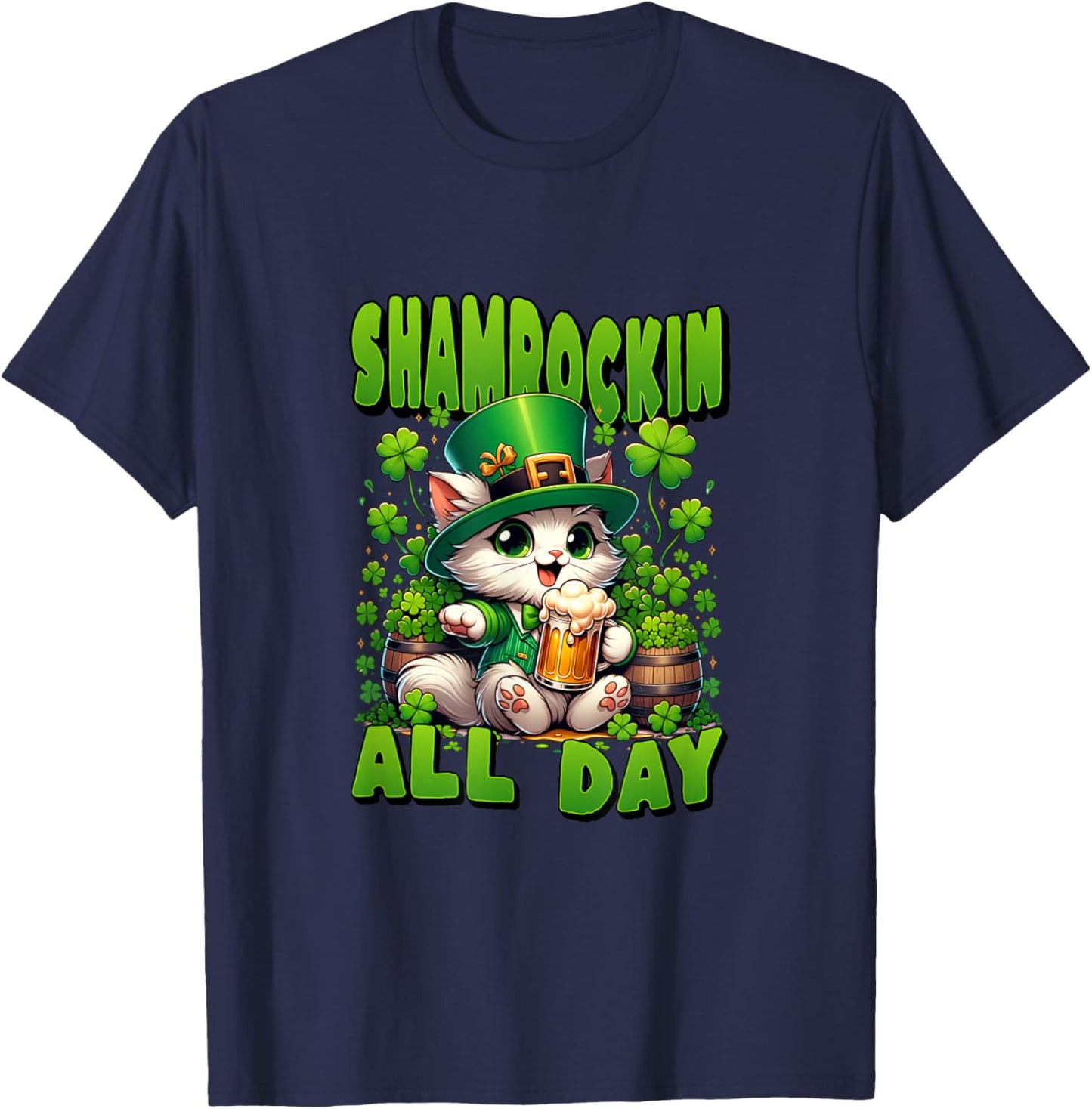 St Patrick's Day Shamrockin All Day. Cute Cat in Green Hat T-Shirt - T-Shirt | Navy