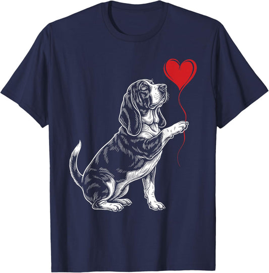 Basset Hound Lover Dog Art Holding Heart Valentines T-Shirt - T-Shirt | Navy