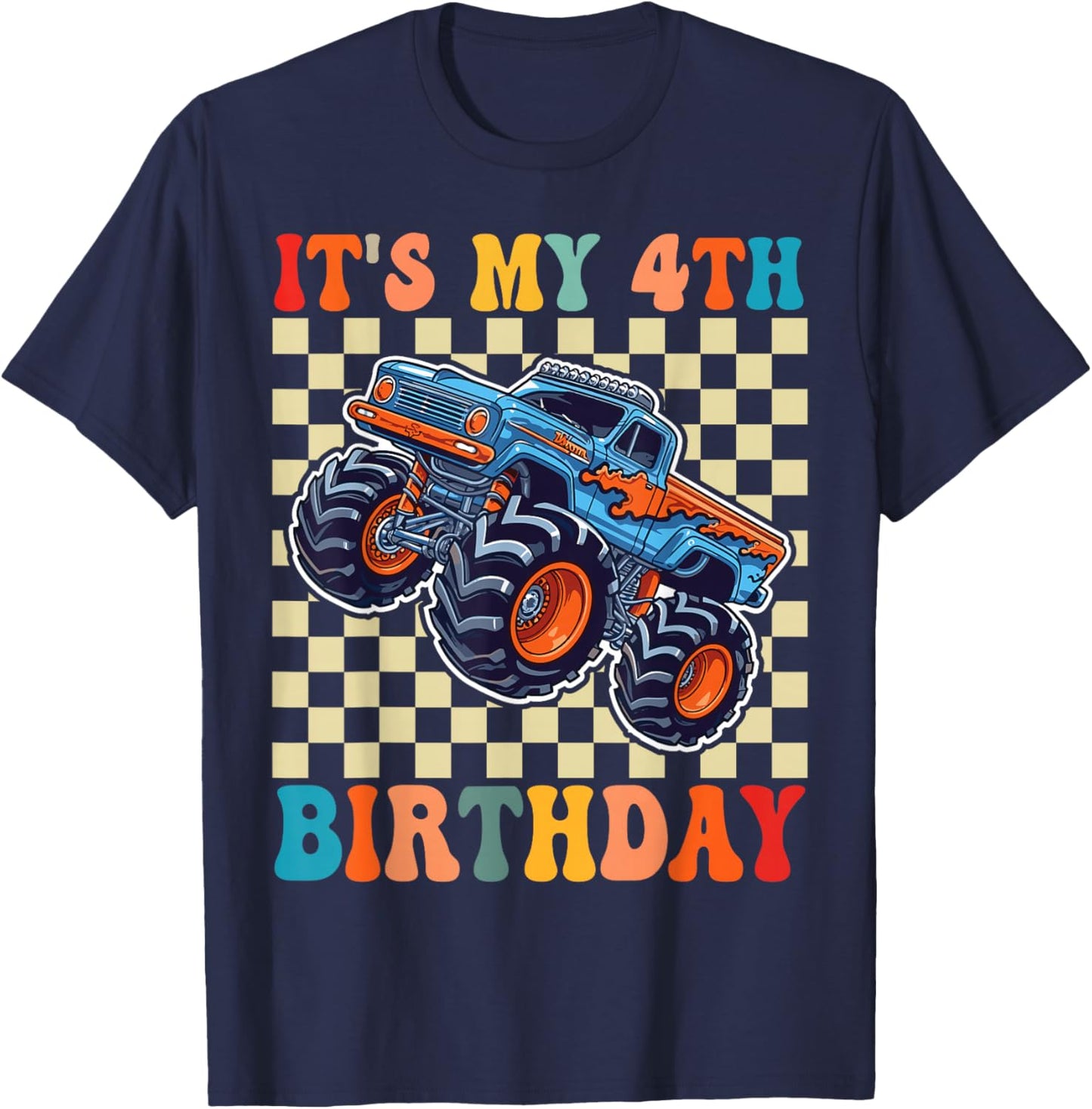 Birthday Monster Truck 4 Year Old Boys 4th Party Born 2022 T-Shirt - T-Shirt | Navy