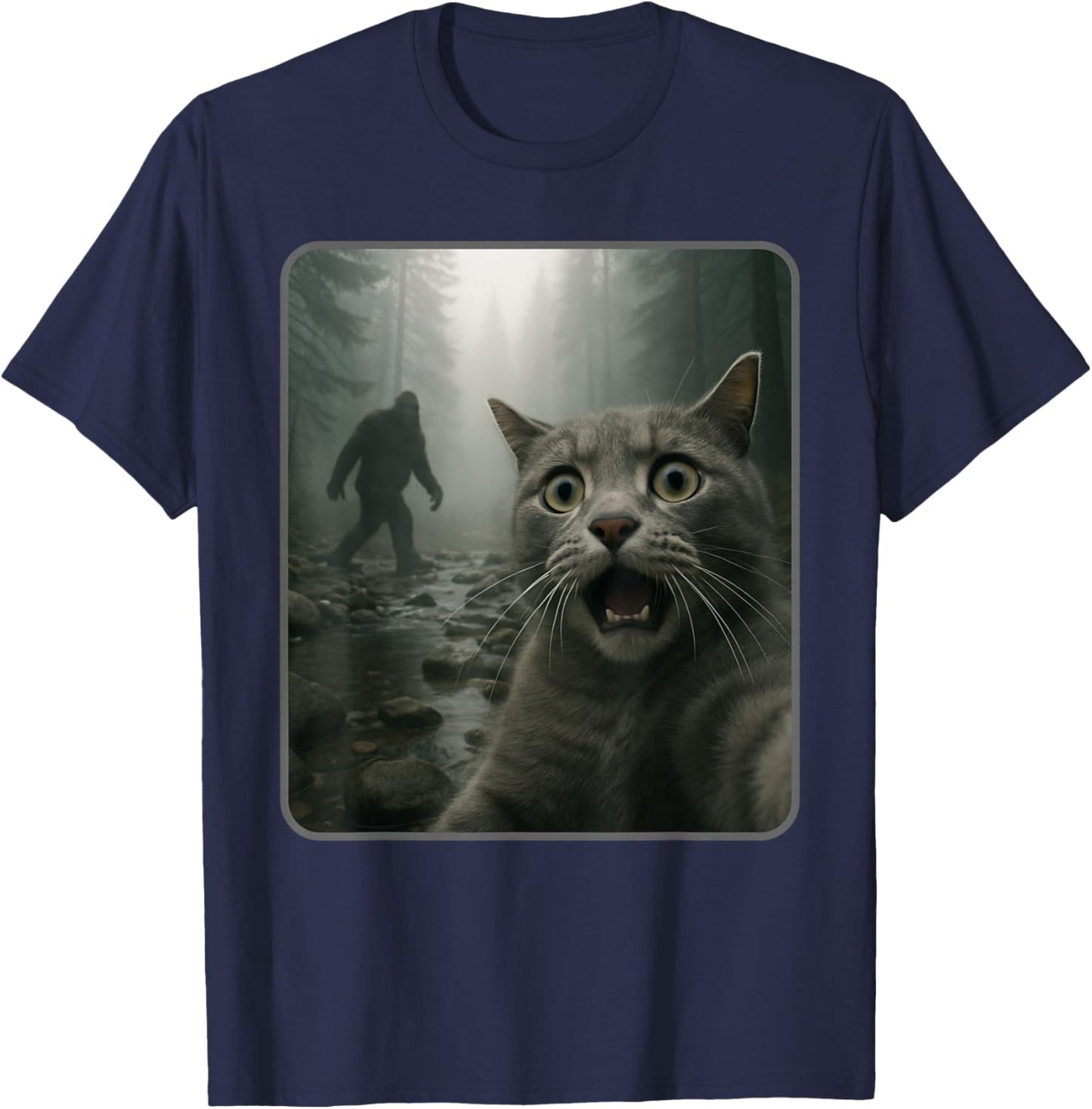 Funny Cat Selfie with Bigfoot Meme T-Shirt - T-Shirt | Navy