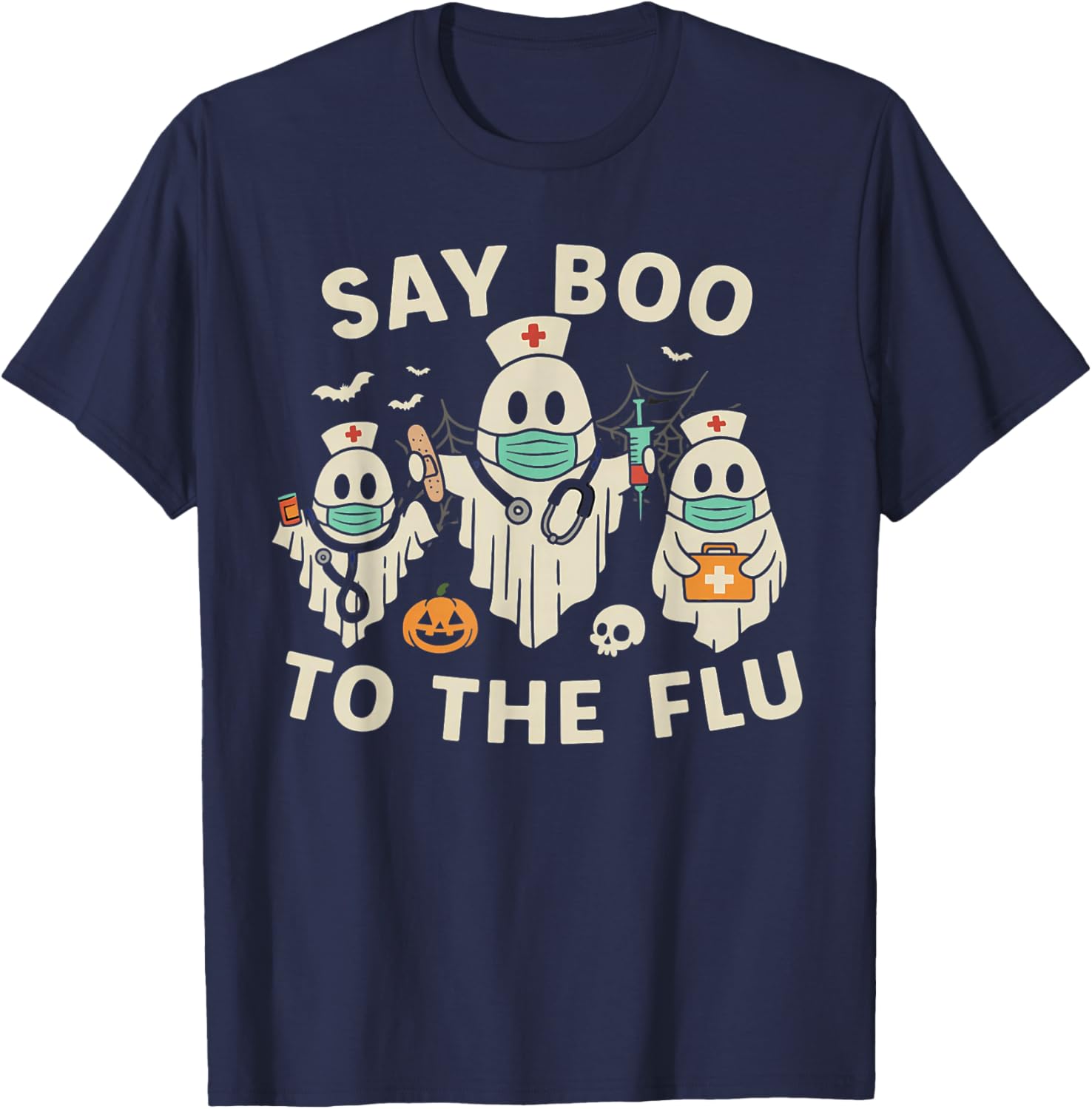 Nurse Halloween Ghost Crew Vaccine Say Boo to The flu T-Shirt - T-Shirt | Navy