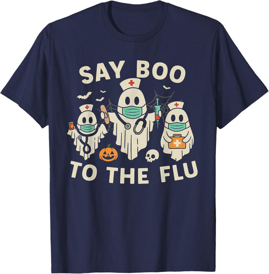 Nurse Halloween Ghost Crew Vaccine Say Boo to The flu T-Shirt - T-Shirt | Navy