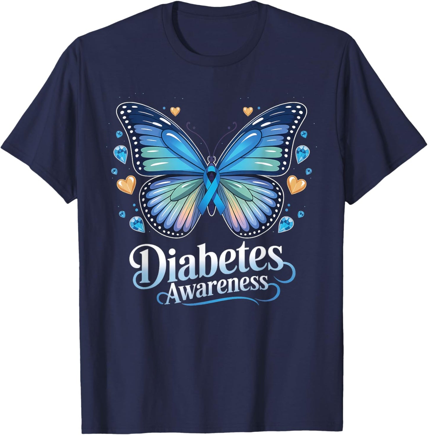 Diabetes Awareness Butterfly Blue Ribbon T1D T-Shirt - T-Shirt | Navy