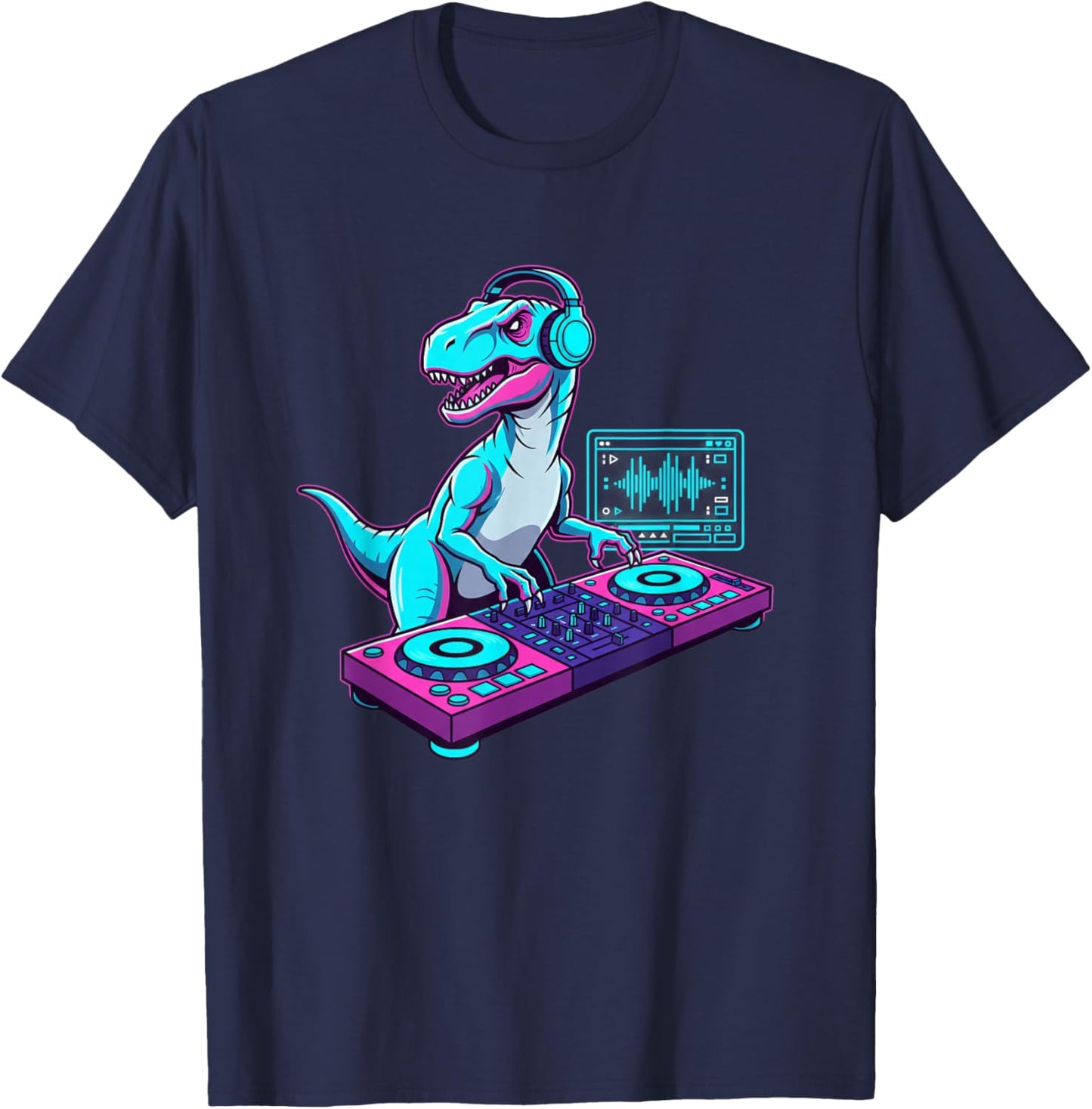 Mythical & Prehistoric DJ Dinosaur Raptor Turntable DJ T-Shirt - T-Shirt | Navy