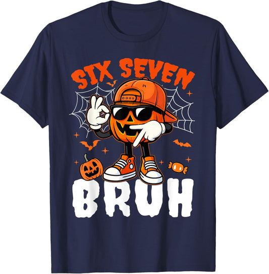 Funny Six Seven Meme Brainrot Pumpkin Kids Bruh 67 Halloween T-Shirt - T-Shirt | Navy