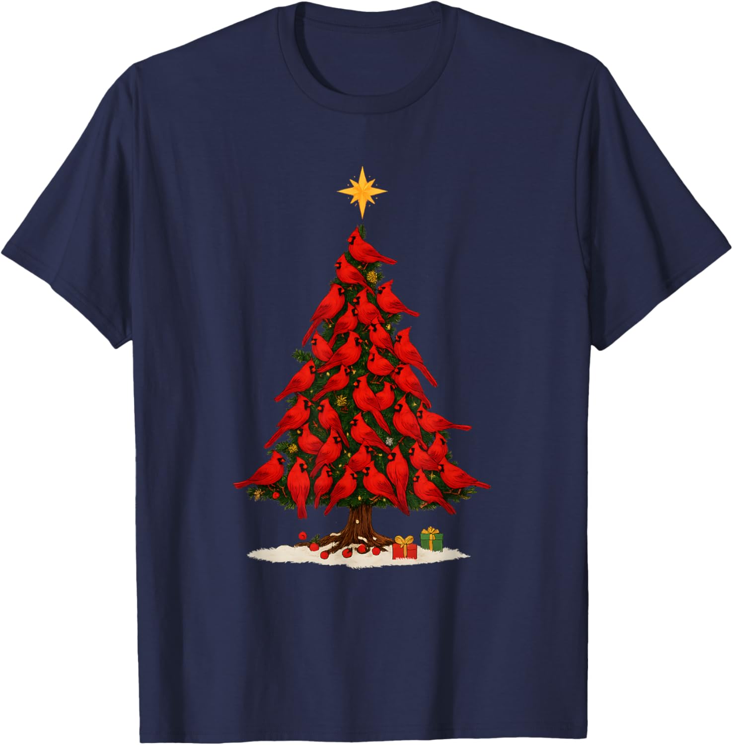 Santa Cardinal Bird Christmas Tree Christmas Lights Lover T-Shirt - T-Shirt | Navy
