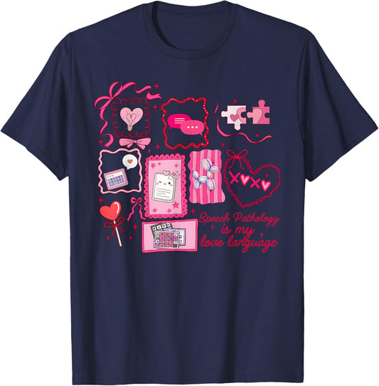 Bow Stamp Speech Pathology is My Love Language Valentines T-Shirt - T-Shirt | Navy