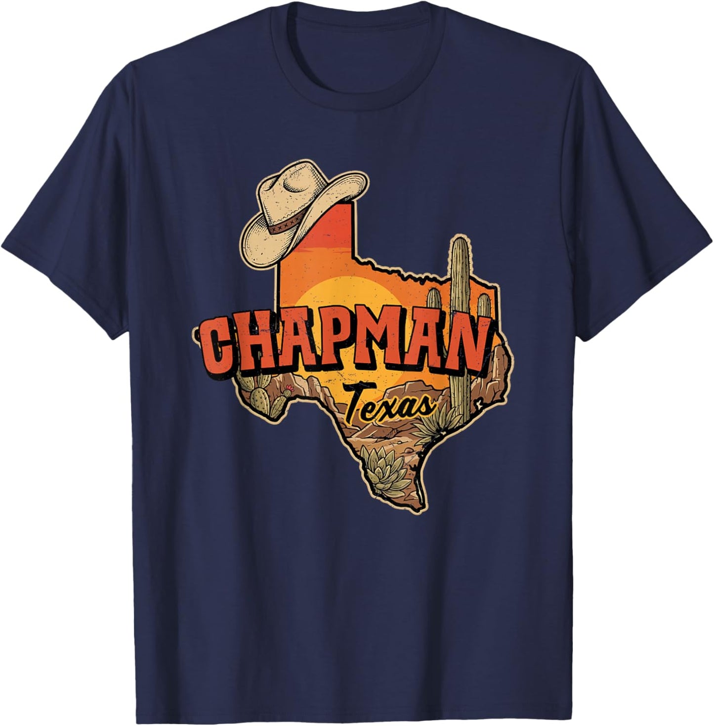 Chapman Texas Vintage Cowboy Hat Desert Cactus Sunset T-Shirt - T-Shirt | Navy