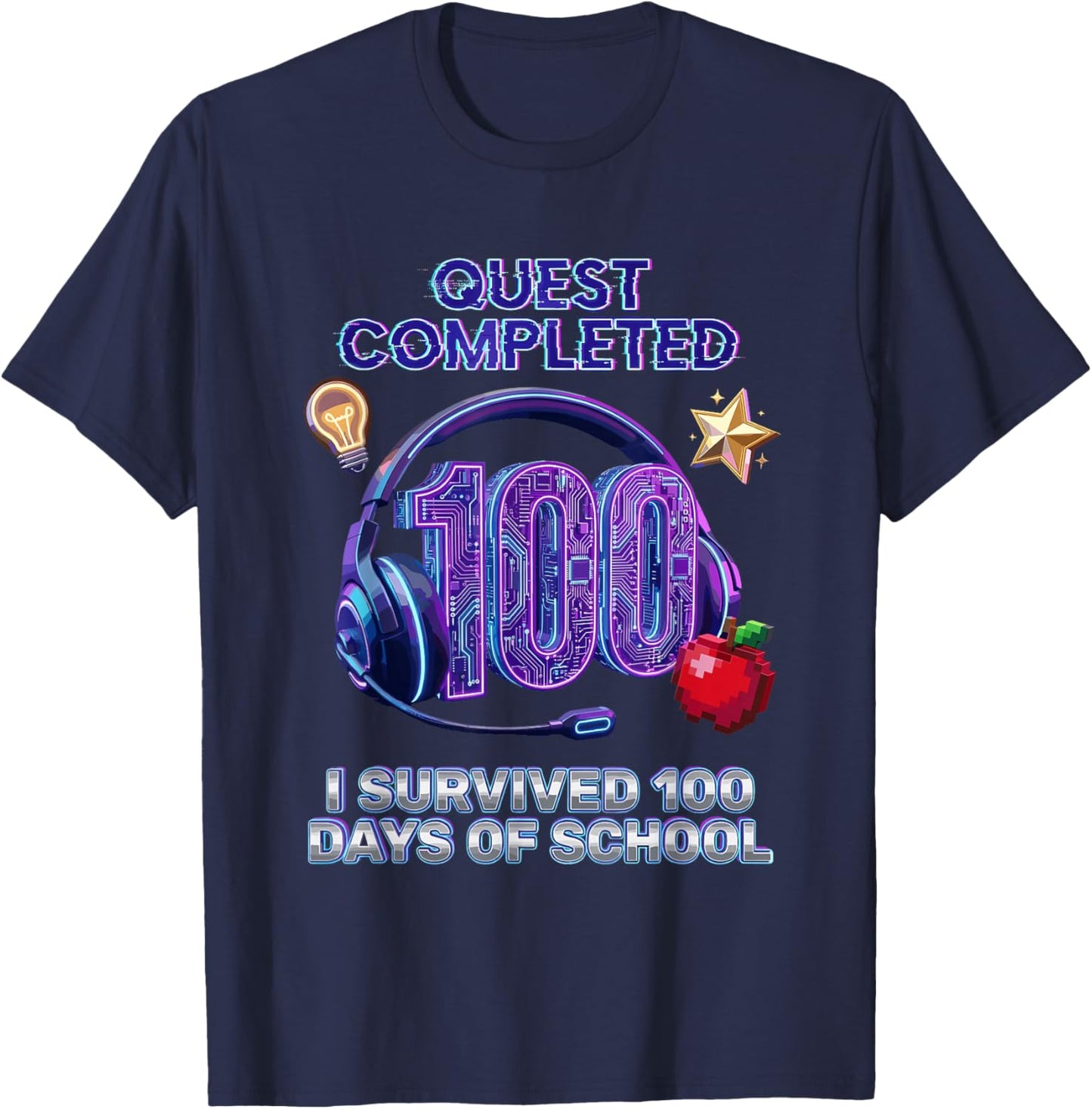 100th Days of School Cool Gaming Quest Completed Gamer Aura T-Shirt - T-Shirt | Navy
