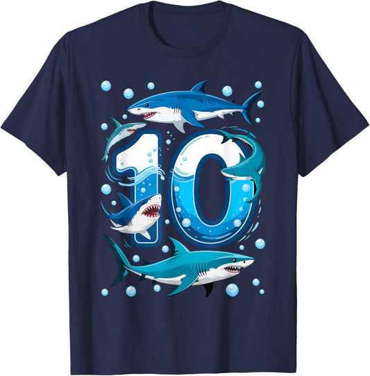 10th Birthday Boys 10 Years Old Ocean Shark B-Day T-Shirt - T-Shirt | Navy