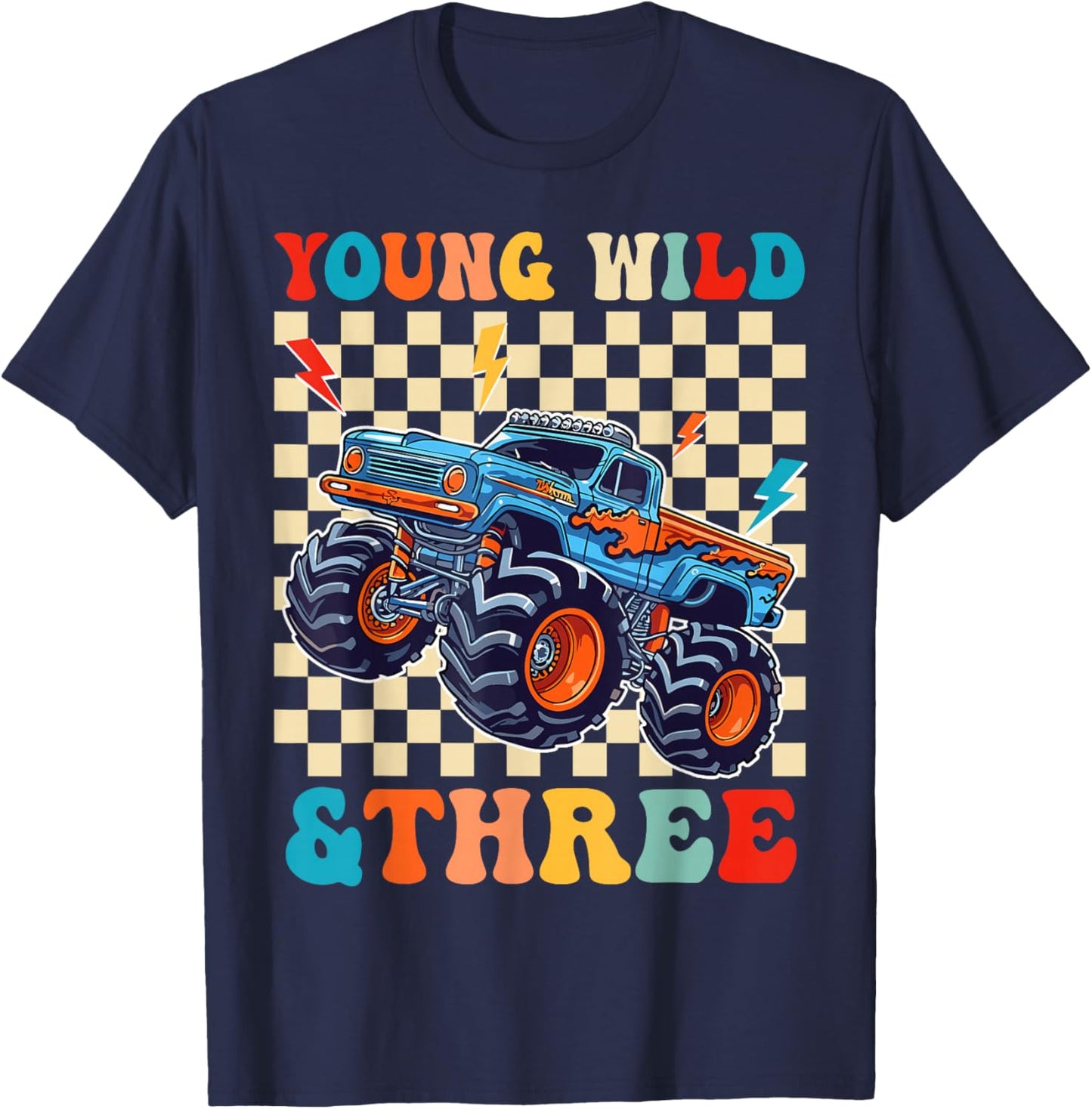 Kids 3rd Birthday Monster Truck Young Wild and Three T-Shirt - T-Shirt | Navy