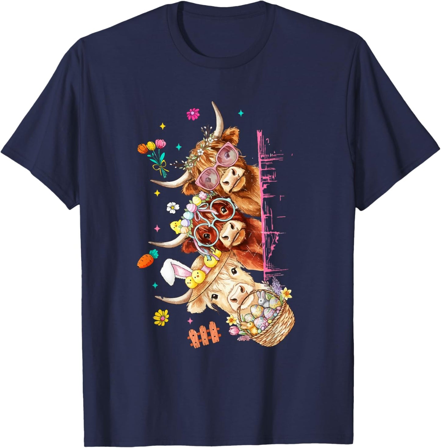 Retro Cute Bunny Easter Day Highland Cow Lover Spring Season T-Shirt - T-Shirt | Navy