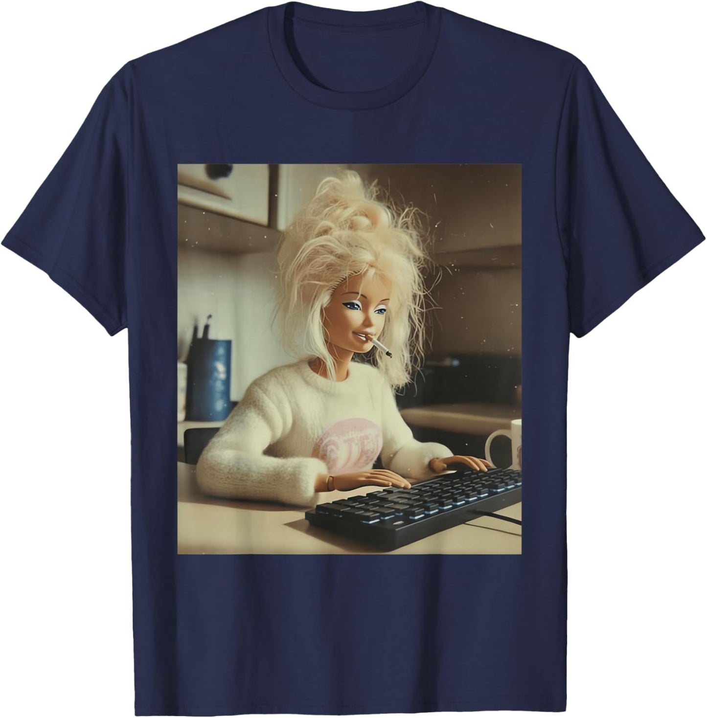 Funny Doll Face Working and Smoking Distressed Meme T-Shirt - T-Shirt | Navy