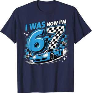 Blue Checkered Car Race I was 6 Now I'm 7 Birthday Boy Bday T-Shirt - T-Shirt | Navy