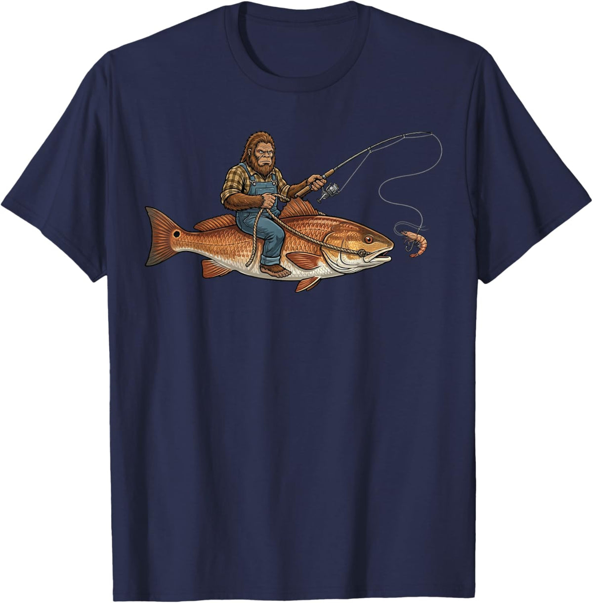 Redfish Fishing Bigfoot Riding Fisherman Funny Angler T-Shirt - T-Shirt | Navy