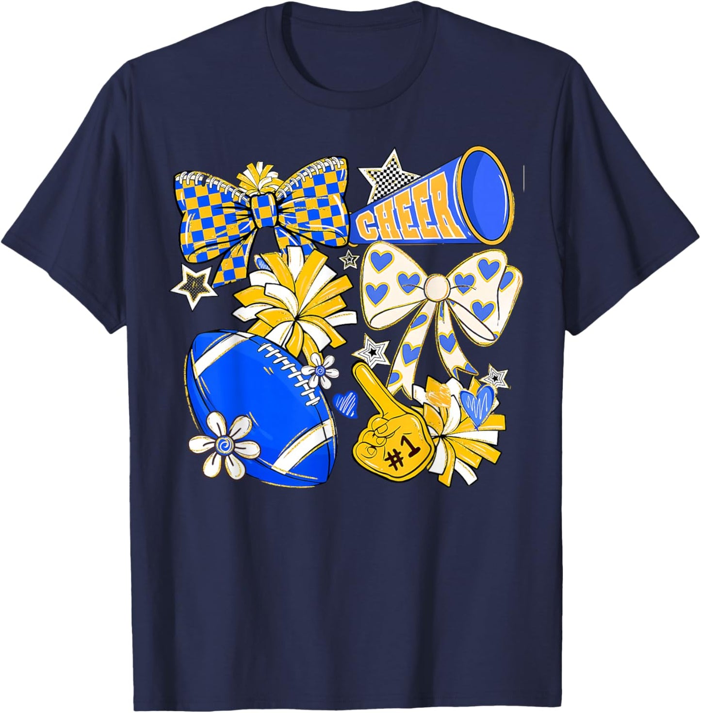 Retro Blue & Gold Cheer Football Game Day Coquette Bow Kids T-Shirt - T-Shirt | Navy