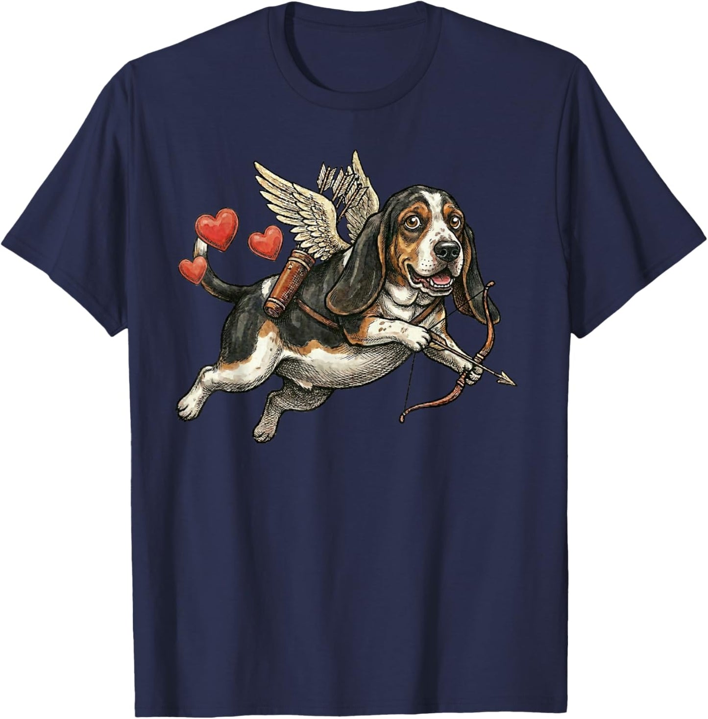 Basset Hound Dog Angel Flying Love Hearts Valentine T-Shirt - T-Shirt | Navy