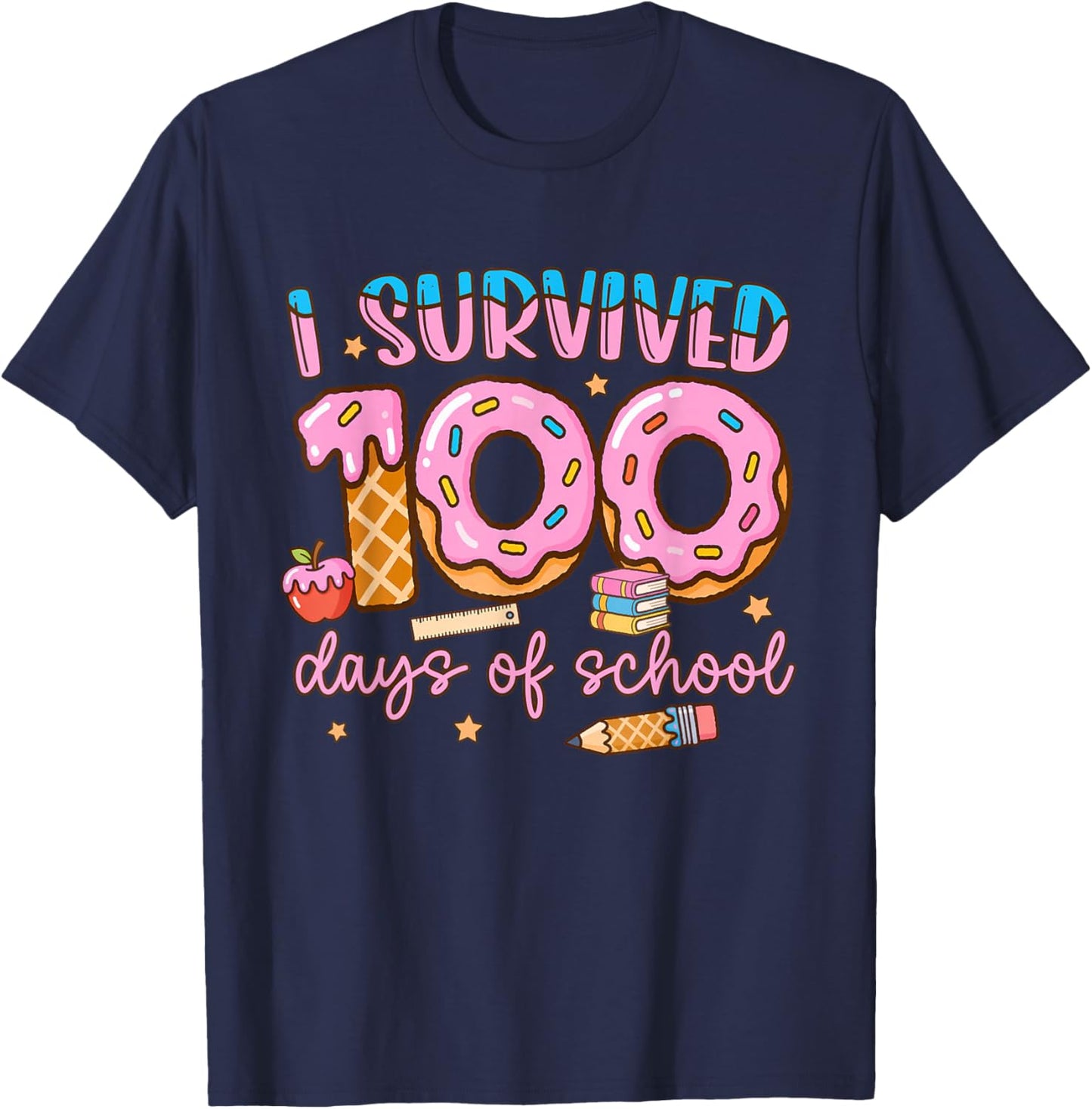I Survived 100 Days of School Sprinkled Donuts Teacher Kid T-Shirt - T-Shirt | Navy