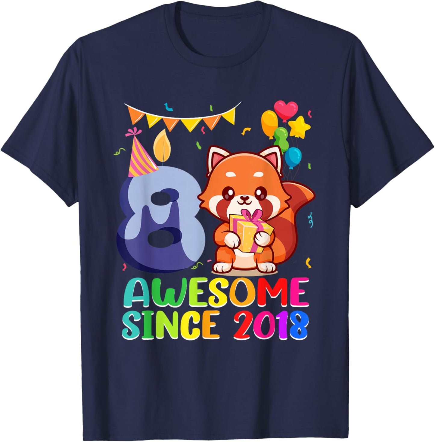 8th Birthday Red Panda Awesome Since 2018 8 Year Old T-Shirt - T-Shirt | Navy