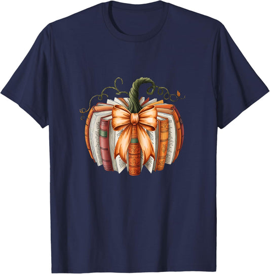 Vintage Bow Book Pumpkin Autumn Fall Librarians Girls T-Shirt - T-Shirt | Navy