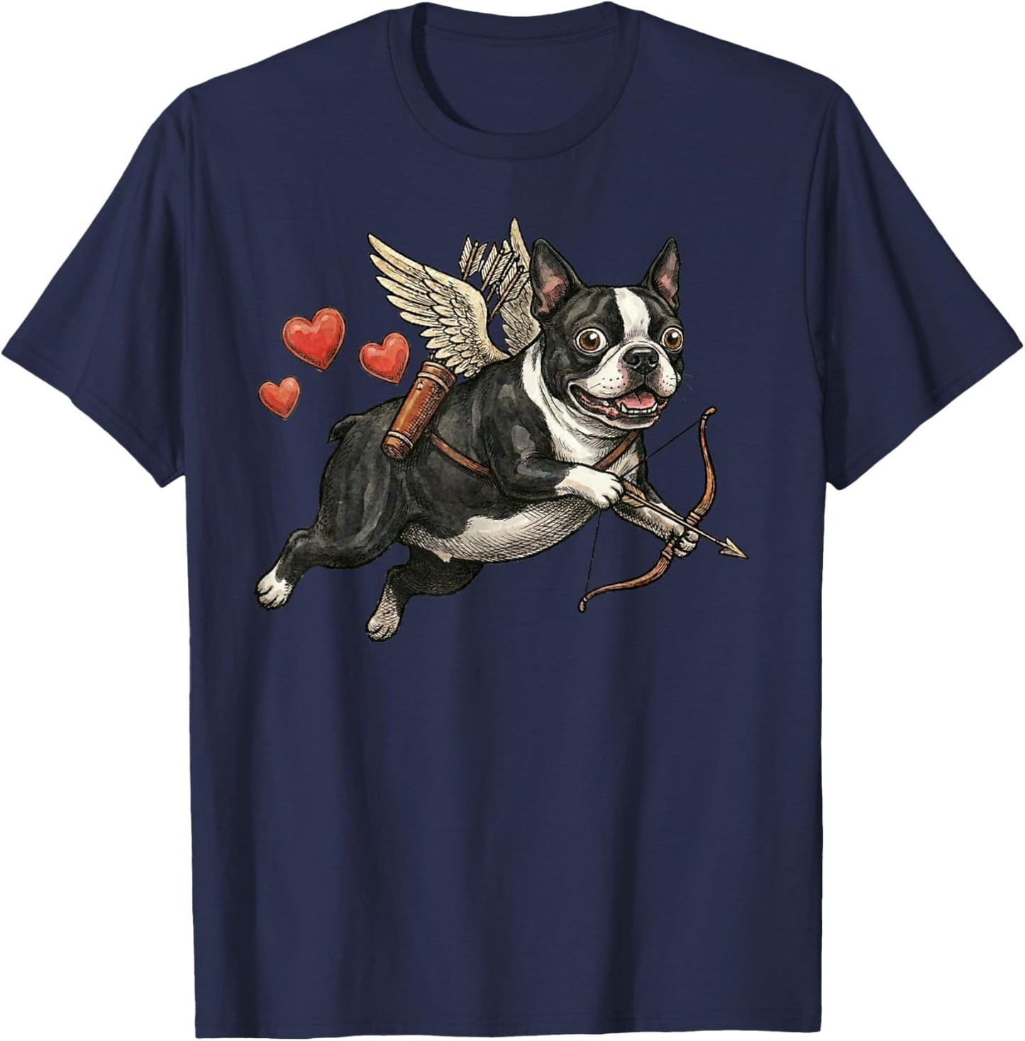 Boston Terrier Cupid Dog Valentine Love Hearts Bow Arrow T-Shirt - T-Shirt | Navy