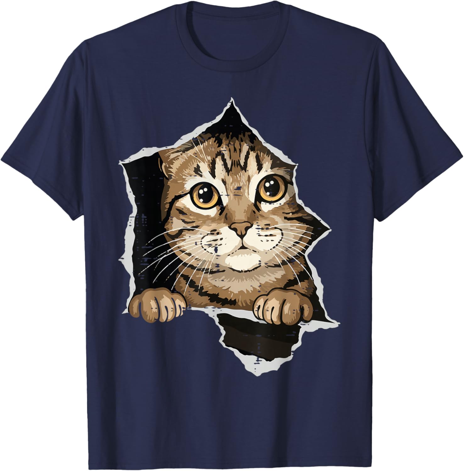 Cat Peeking Torn Paper Cute Kitten Kitty Women Girls Kids T-Shirt - T-Shirt | Navy