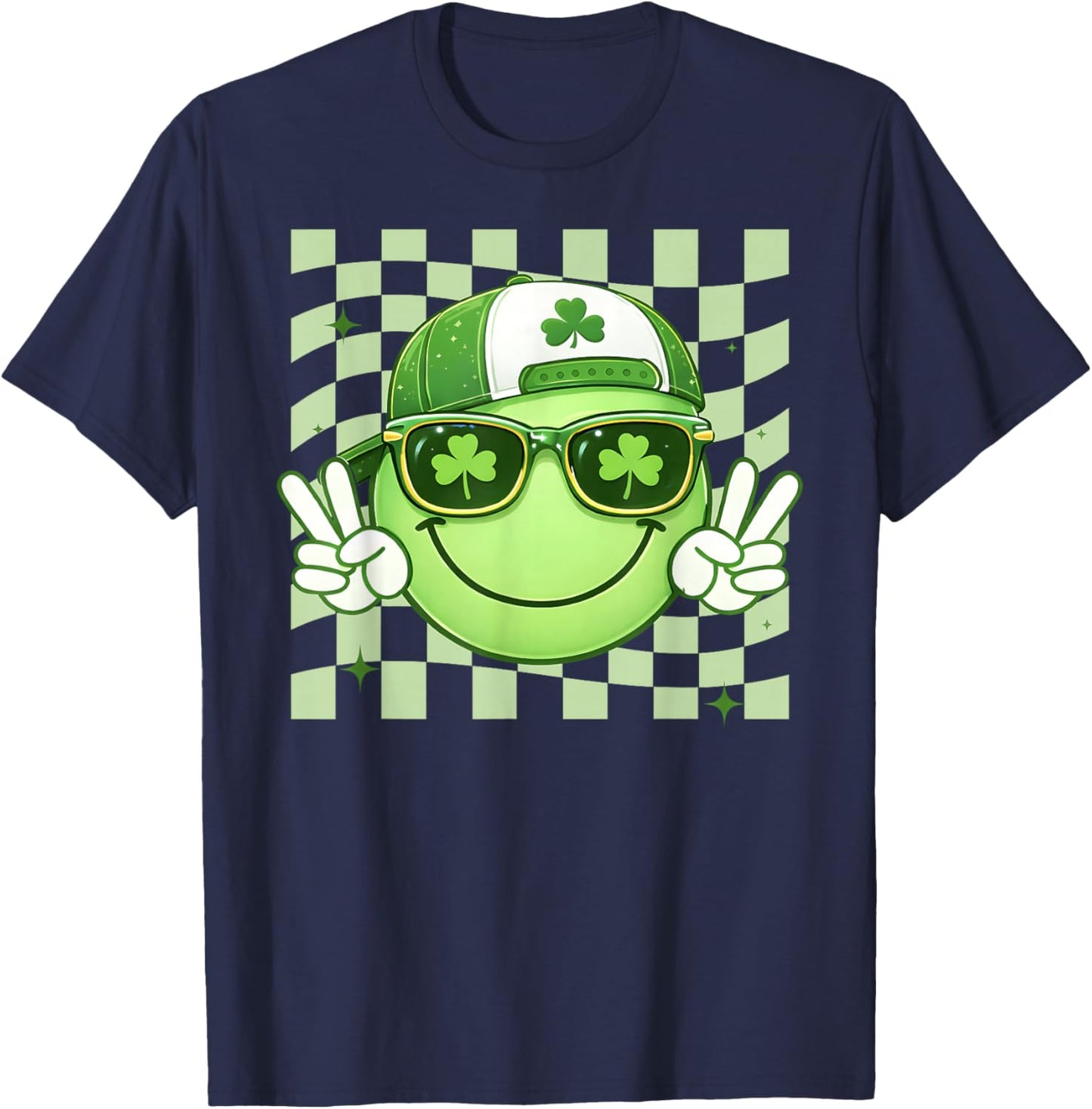 Groovy St Patrick's Day Shamrock Smile Face Boy Men Kid T-Shirt - T-Shirt | Navy
