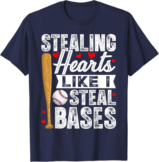 Stealing Hearts Like I Steal Bases Baseball Valentines T-Shirt - T-Shirt | Navy