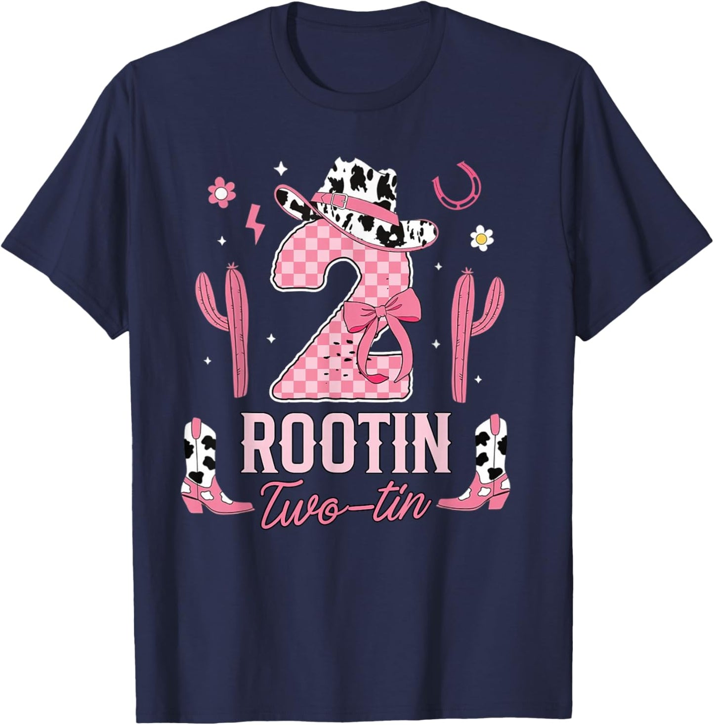 Rootin Two-tin Cowgirl Coquette Pink Bow 2nd Birthday Girl T-Shirt - T-Shirt | Navy