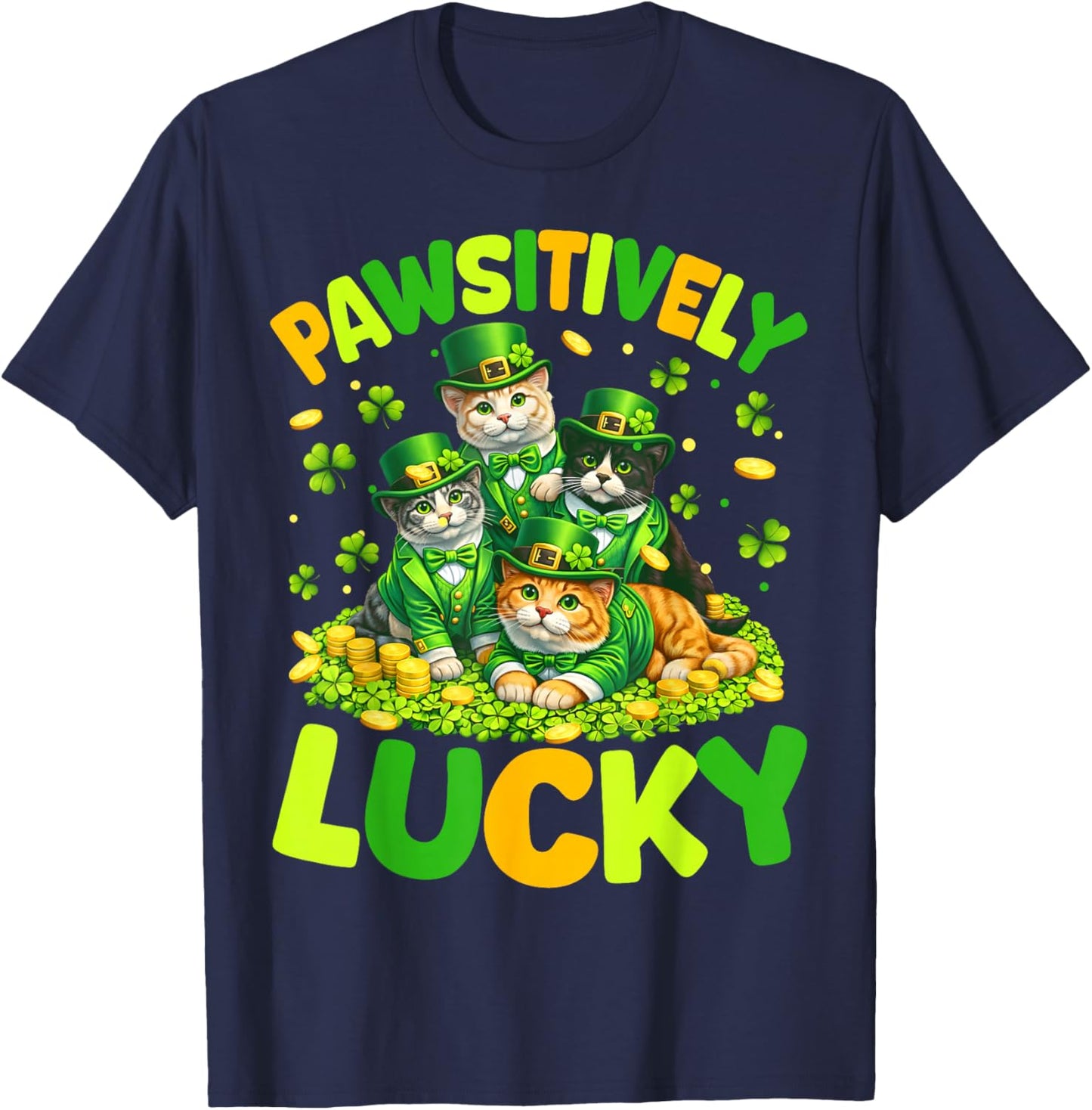 Pawsitively Lucky Cats St Patricks Day Cat Lover Women Kids T-Shirt - T-Shirt | Navy