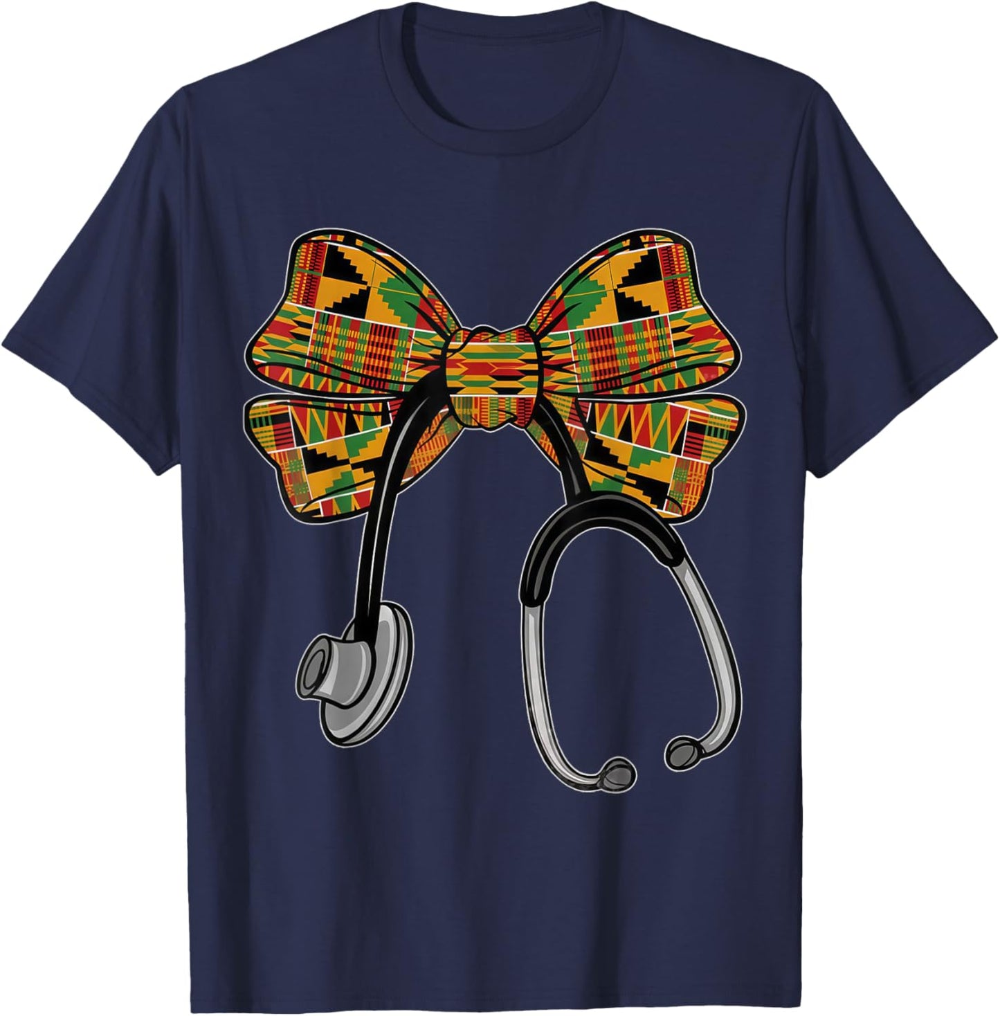 Coquette Bow Stethoscope Nurse Black History Month T-Shirt - T-Shirt | Navy