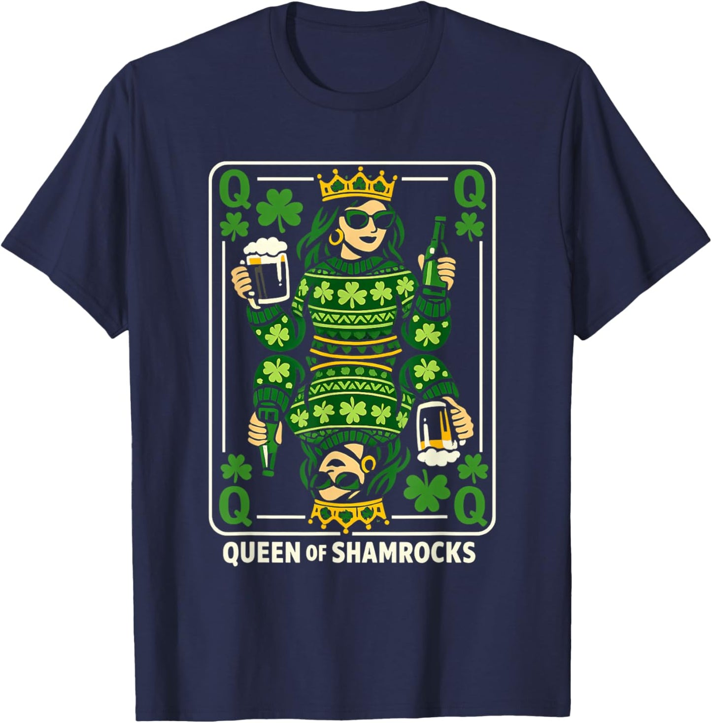 Queen of Shamrocks Shirt St Patrick’s Day Queen Playing Card T-Shirt - T-Shirt | Navy