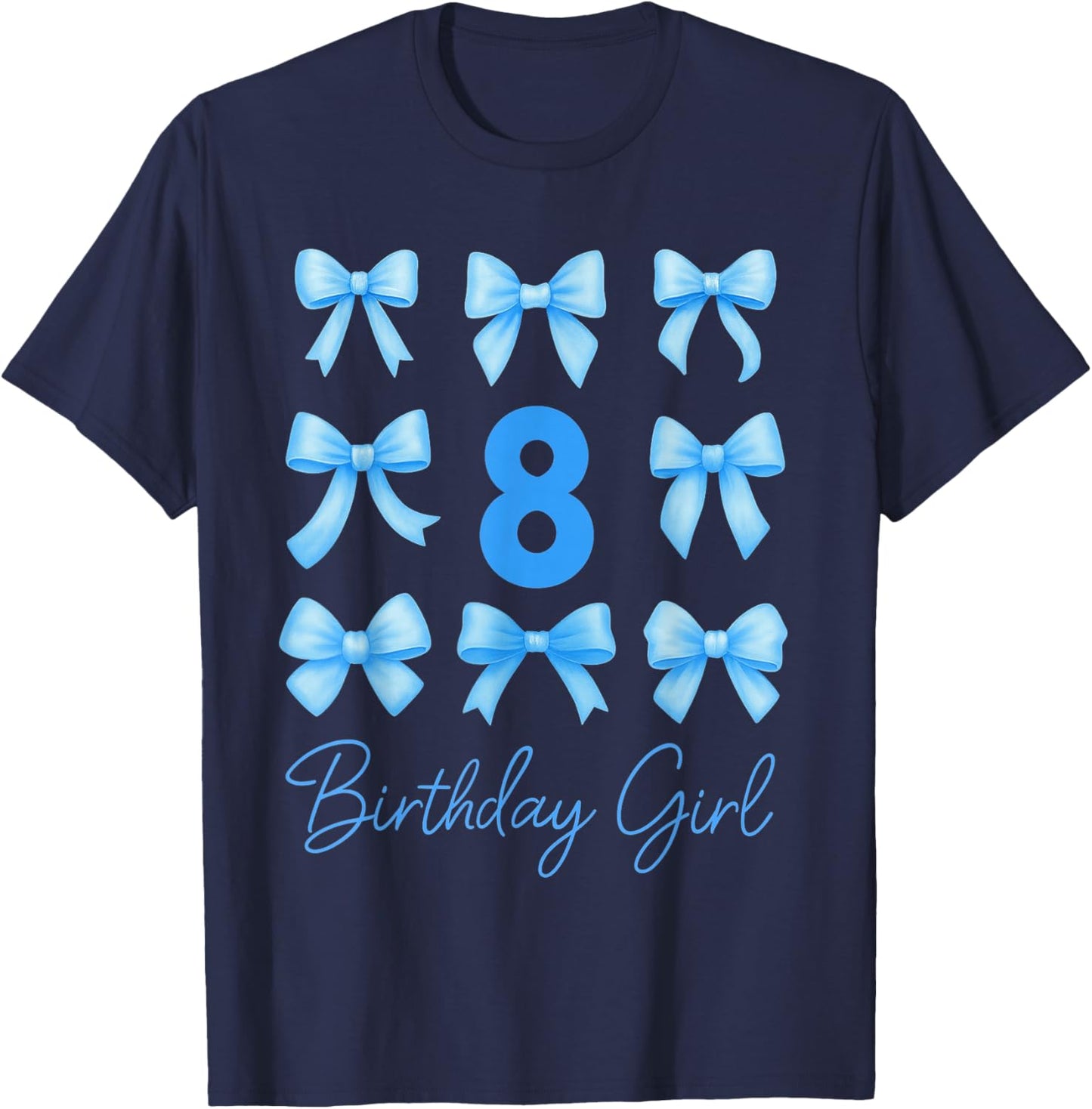 8 Year Old Aesthetic Girl Birthday Blue Coquette Bow T-Shirt - T-Shirt | Navy