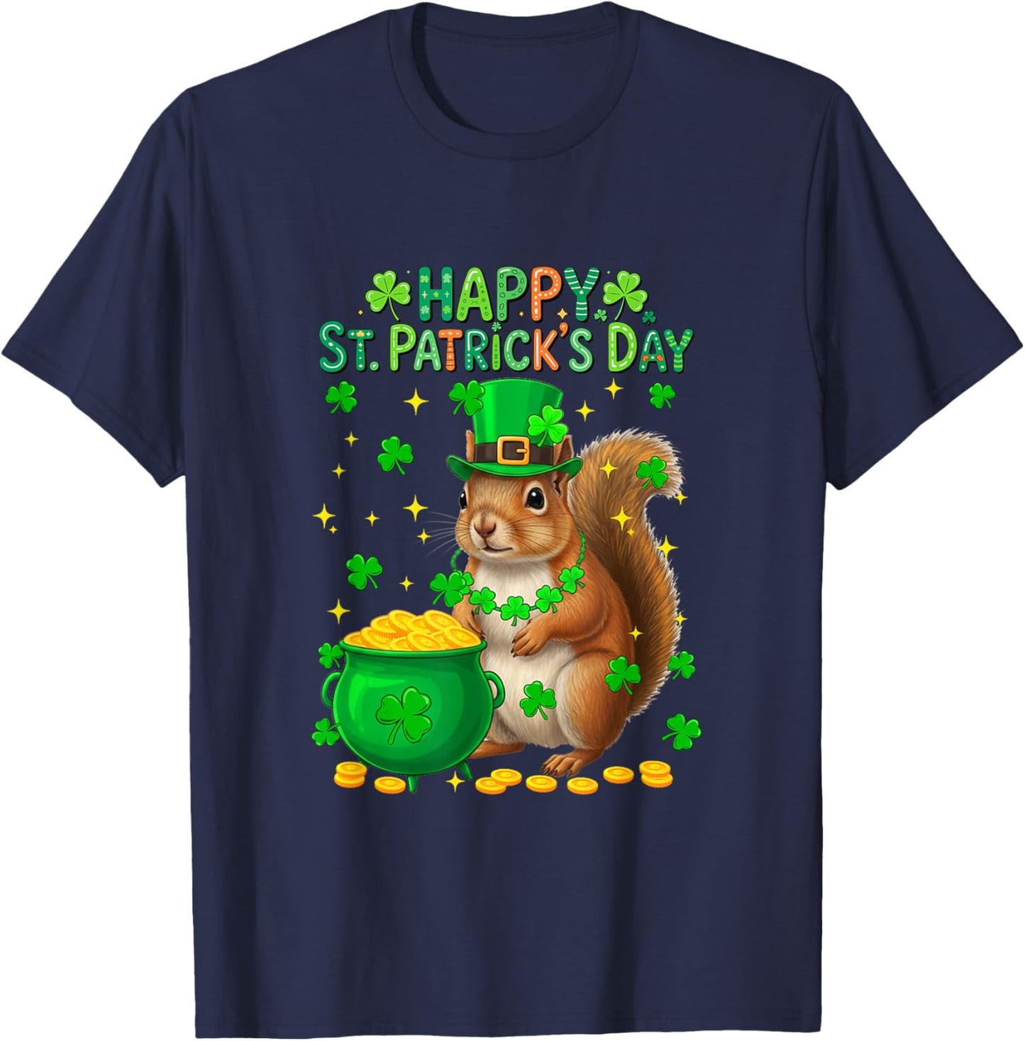 Happy St. Patrick's Day Squirrel Shamrocks Coins Lover Kids T-Shirt - T-Shirt | Navy