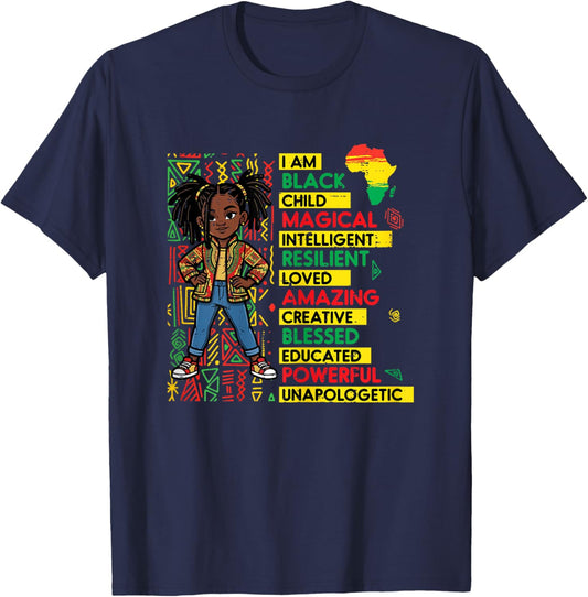I Am Black Child Magical Intelligent African Girl Girls Kids T-Shirt - T-Shirt | Navy