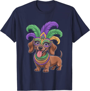 Dachshund Mardi Gras Wearing Costume Beads Mask T-Shirt - T-Shirt | Navy