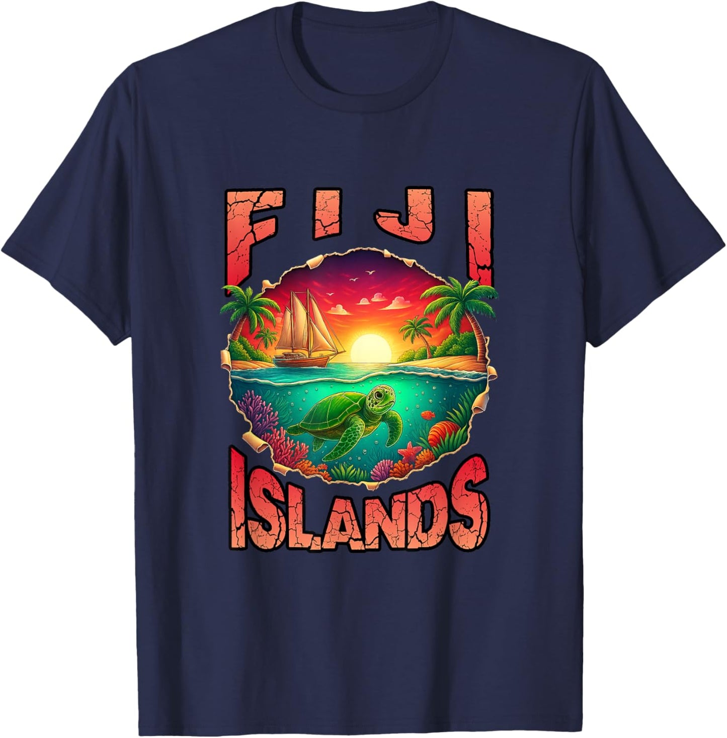 Fiji Islands Tropical Beach Sea Turtle Retro Vacation T-Shirt - T-Shirt | Navy