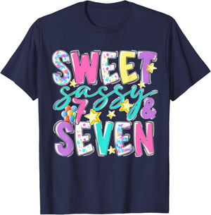 7Th Birthday Girl Sweet Sassy and Seven Birthday Girl Kids T-Shirt - T-Shirt | Navy