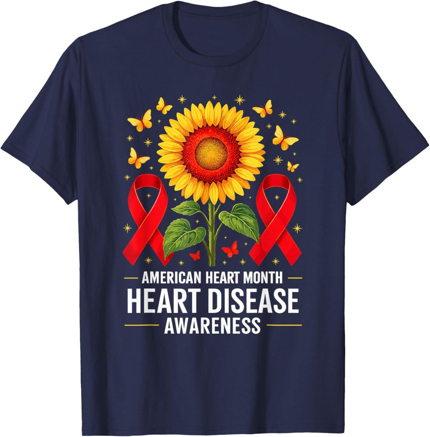 American Heart Disease Awareness Month Ribbon Red Heart T-Shirt - T-Shirt | Navy