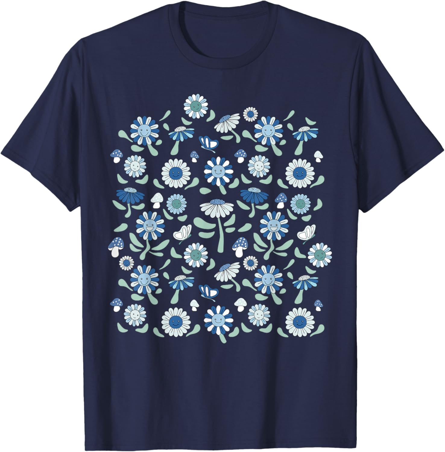 Flowers Butterflies & Mushrooms Retro Light Blue Aesthetic T-Shirt - T-Shirt | Navy