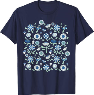 Flowers Butterflies & Mushrooms Retro Light Blue Aesthetic T-Shirt - T-Shirt | Navy