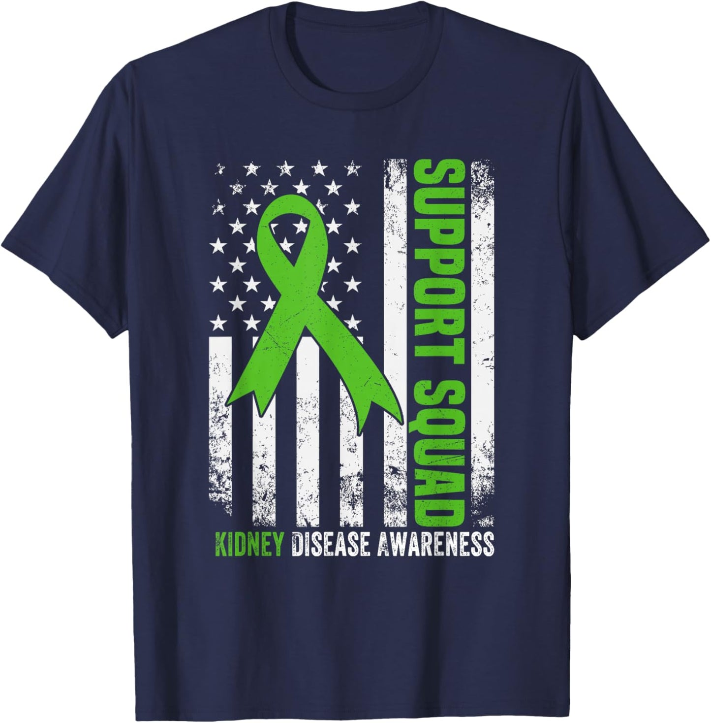 Support Squad American Flag Green Ribbon USA Kidney Disease T-Shirt - T-Shirt | Navy