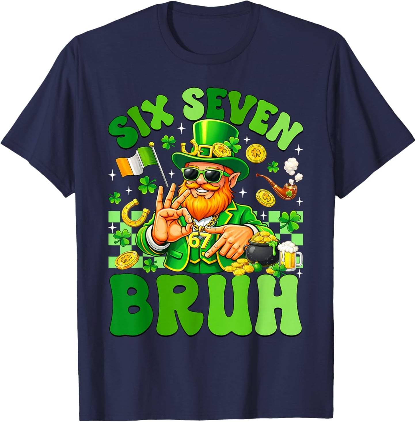 Six Seven Meme Leprechaun 6 7 Bruh St Patricks Day Boys Men T-Shirt - T-Shirt | Navy
