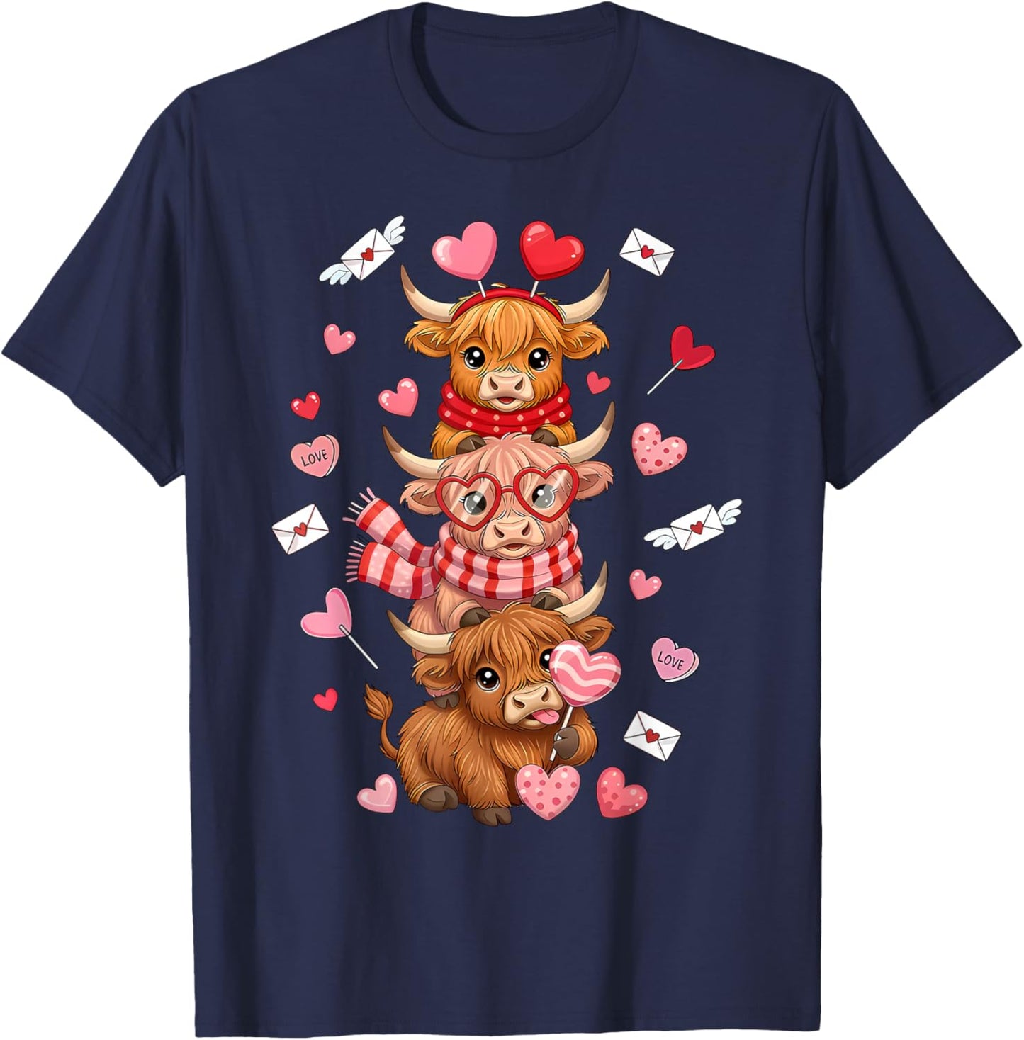 Cute Western Valentine Highland Cows with Hearts T-Shirt - T-Shirt | Navy