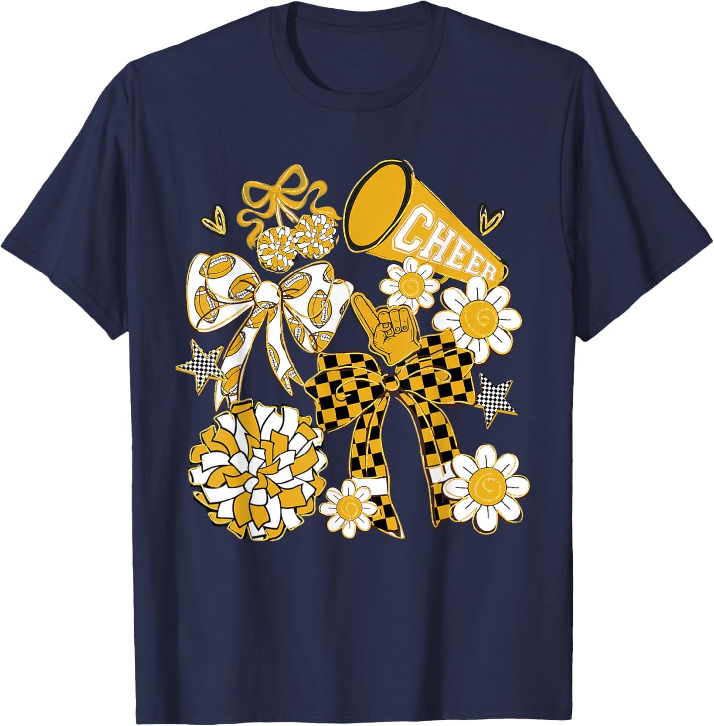 Coquette Bow Football Gold Black Game Cheer Mom Touchdown T-Shirt - T-Shirt | Navy
