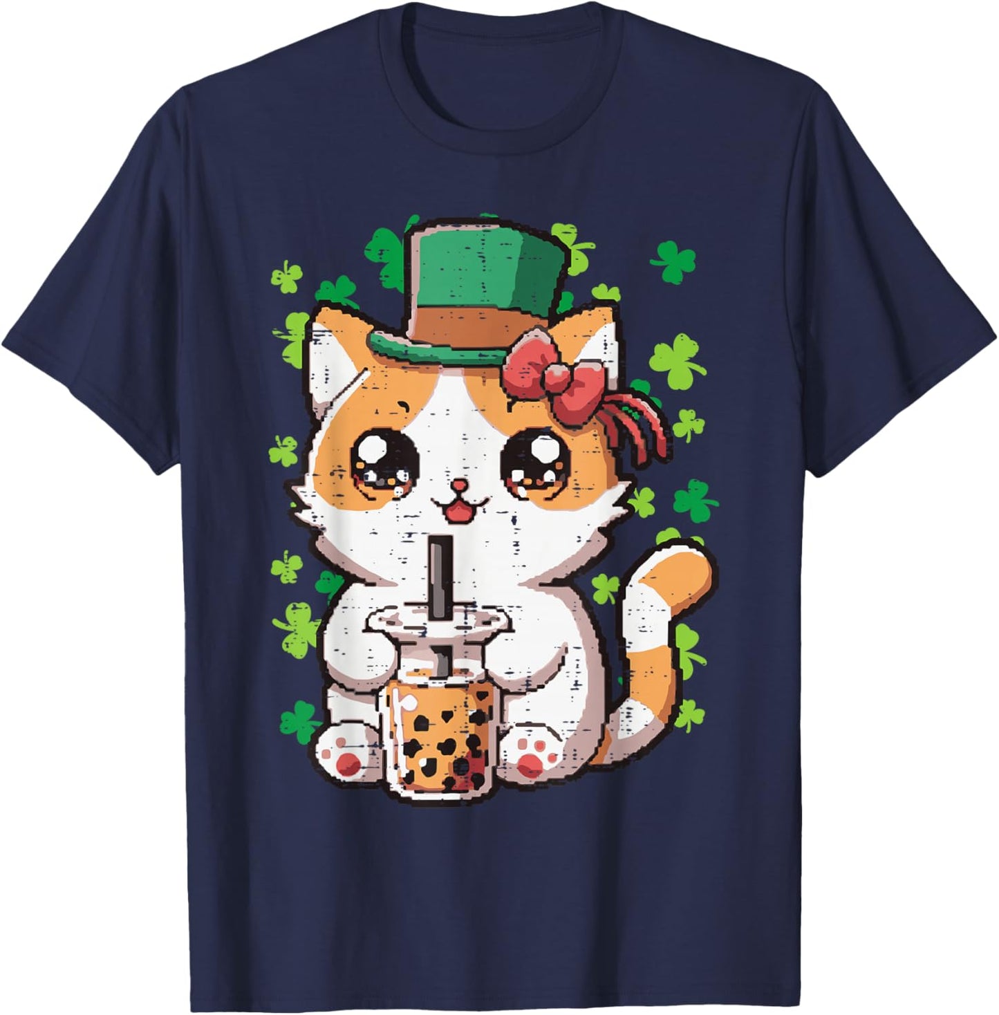 St Patricks Day Cat Boba Tea Irish Kawaii Japanese Women Kid T-Shirt - T-Shirt | Navy