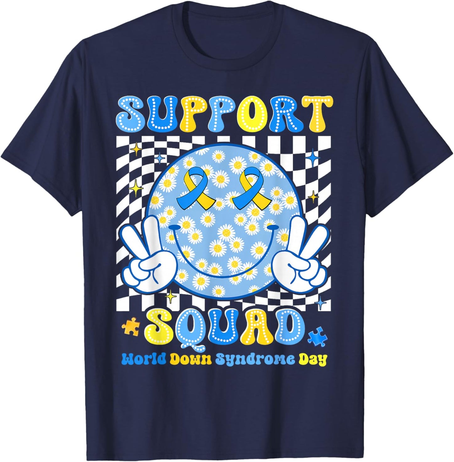 Support Squad Down Syndrome Awareness Groovy Men Women Kid T-Shirt - T-Shirt | Navy