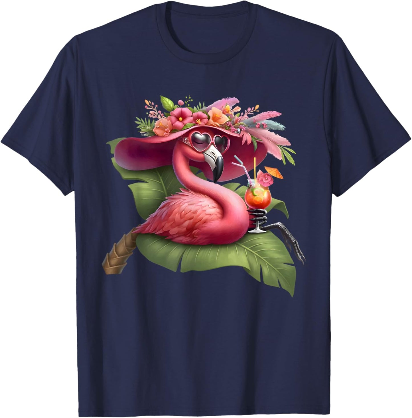 Flamingo Pink Palm Tree Tropical Beach Summer Vacation Women T-Shirt - T-Shirt | Navy