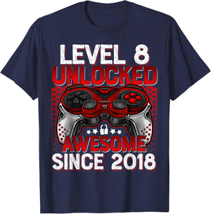 Level 8 Unlocked 8 Year Old Gifts for Boys 8th Birthday Boy T-Shirt - T-Shirt | Navy