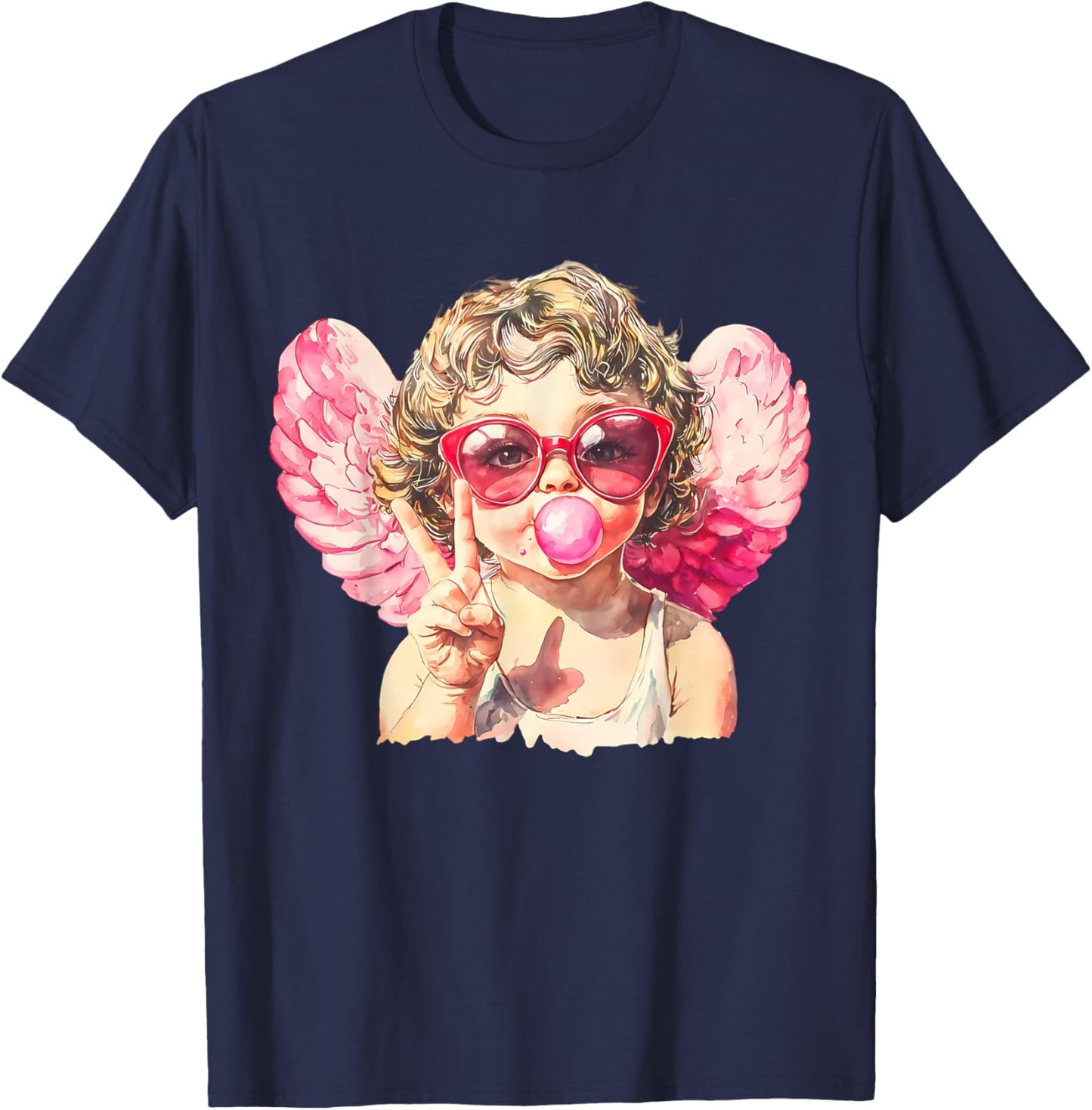 Pink Funny Sunglasses Cupid Blowing Bubble Gum Valentines T-Shirt - T-Shirt | Navy